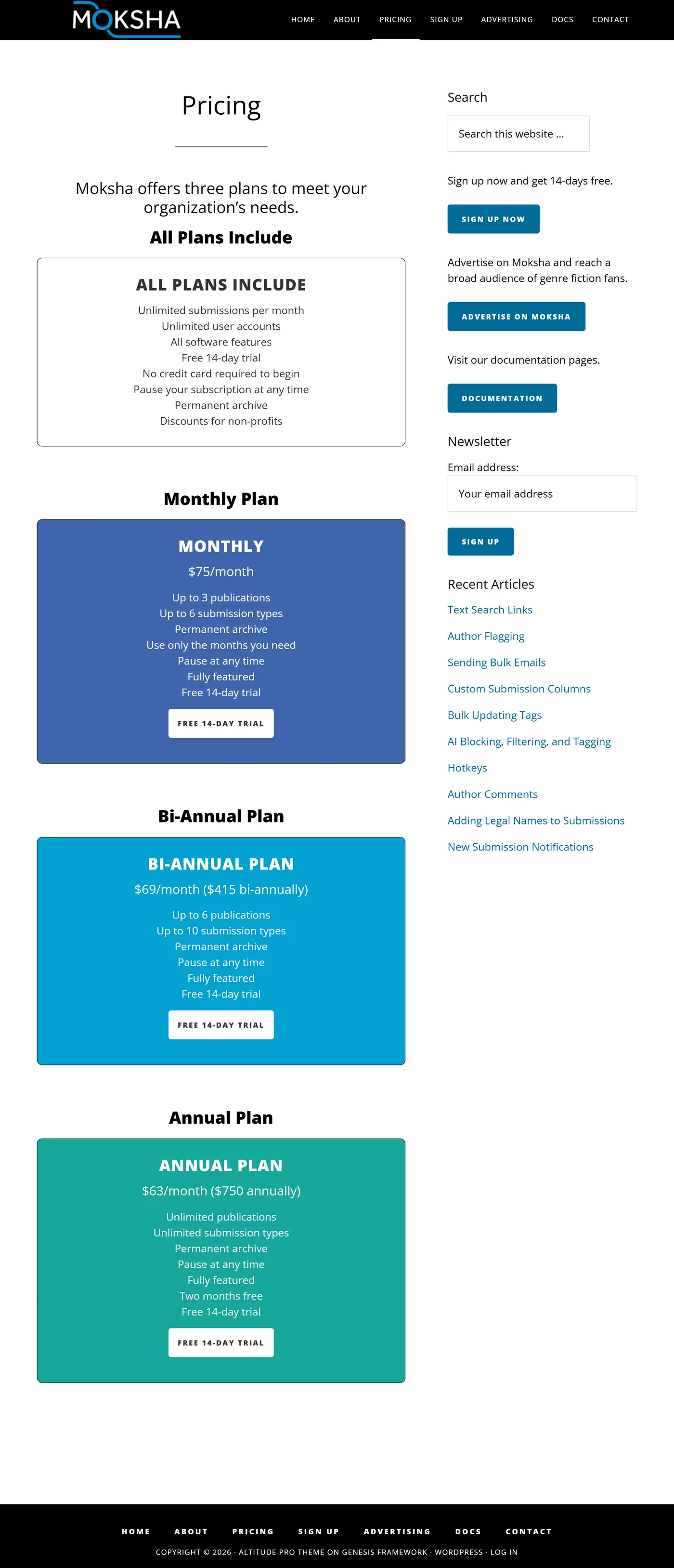 Moksha's pricing page showing three plans: Monthly at $75 per month, Bi-Annual at $69 per month or $415 bi-annually, and Annual at $63 per month or $750 annually, all including unlimited submissions and a permanent archive.