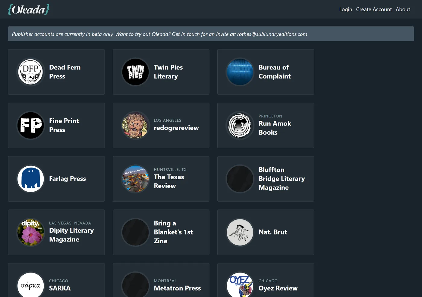The Oleada submission platform homepage, listing literary magazines including Nat. Brut, Oyez Review and Malarkey Books, with a notice that publisher accounts are in beta and a 2021 copyright line.
