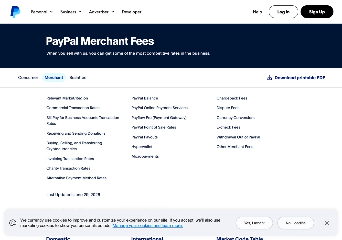 PayPal's merchant fees page for the United States, last updated June 29, 2026, listing commercial transaction rates including micropayments.