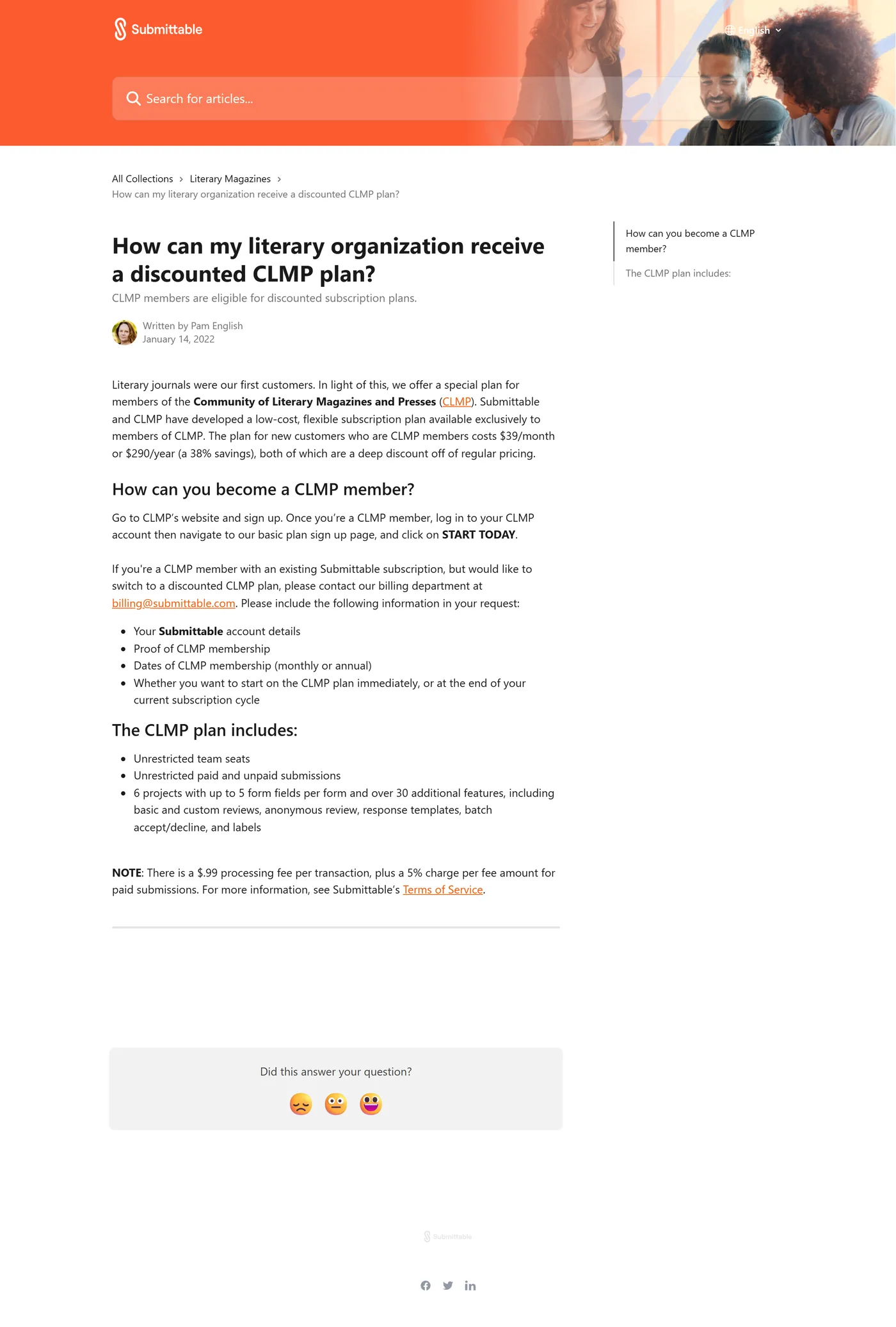Submittable help centre article titled 'How can my literary organization receive a discounted CLMP plan?', written January 2022, stating the plan costs $39/month or $290/year, and noting a $.99 processing fee per transaction plus a 5% charge per fee amount for paid submissions.