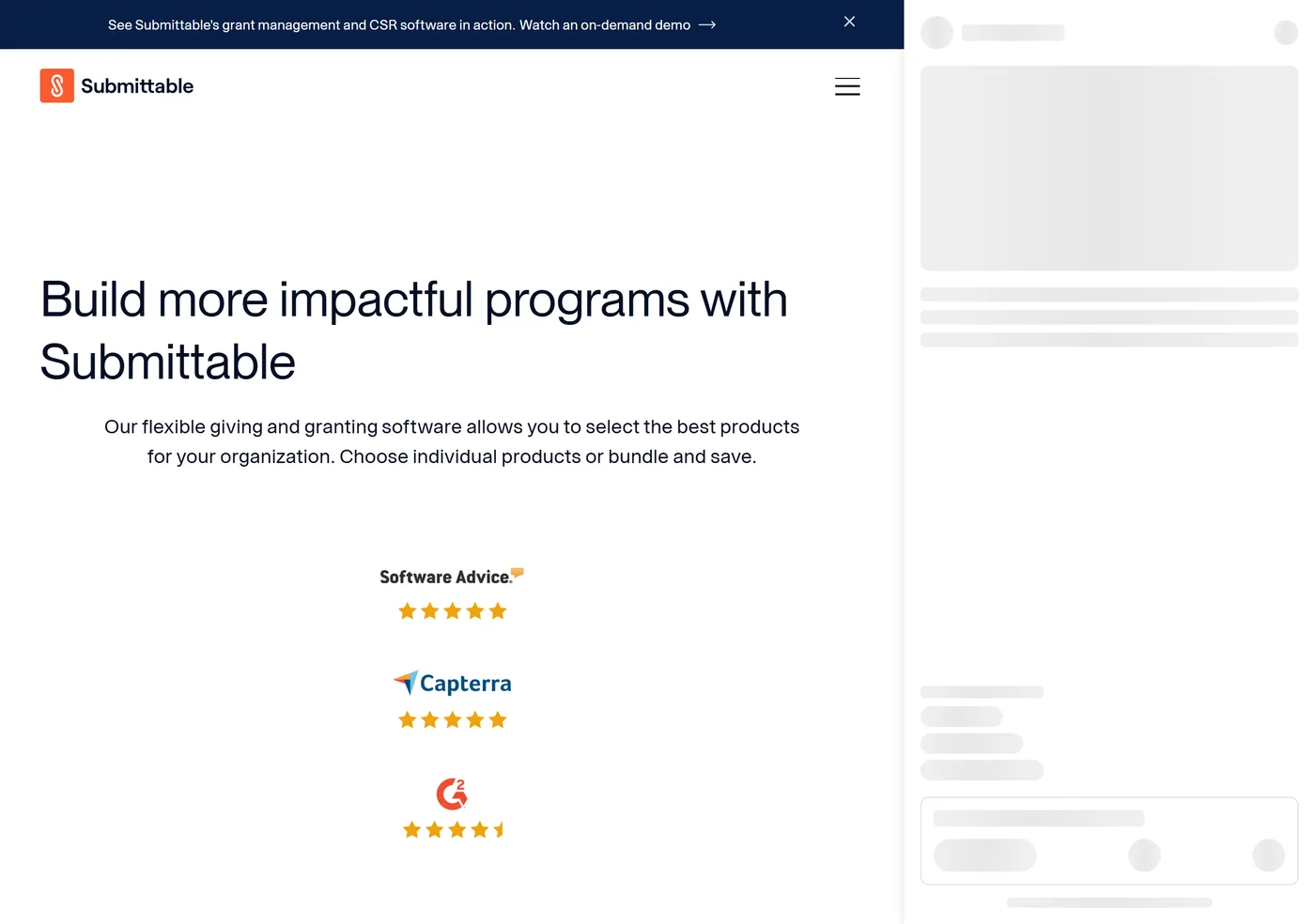 Submittable's pricing page showing three product categories: Corporate Social Responsibility Platform, Grant and Application Management Software, and Enterprise. Each has a Book a Meeting button. No prices are shown.